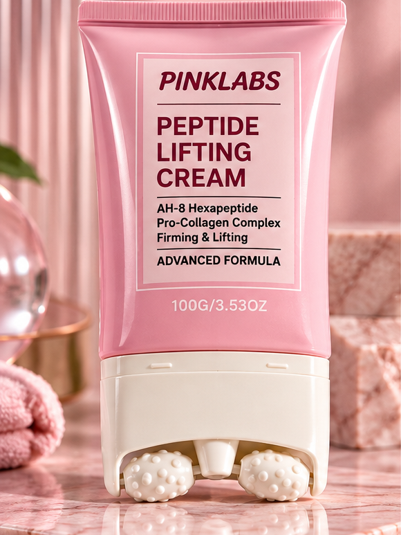 PINKLABS Peptide Lifting Cream pink tube with dual roller applicator standing on a pink marble pedestal